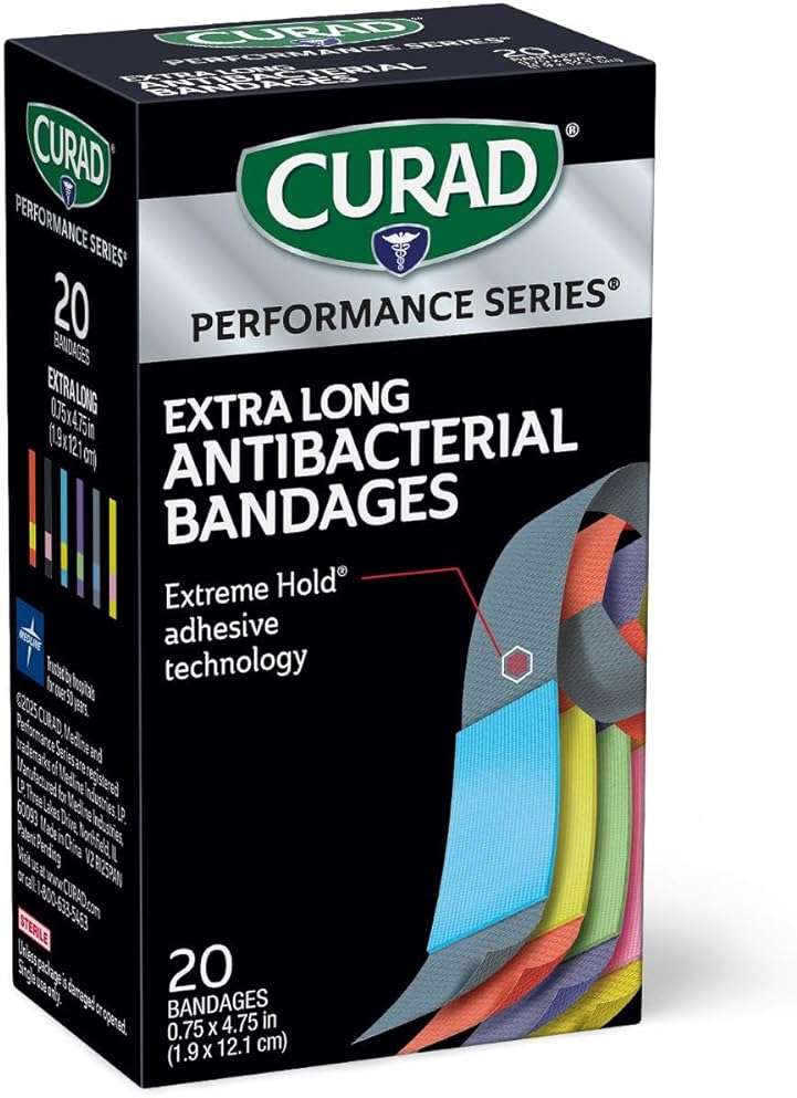 CURAD Performance Series Antibacterial Bandages, Extreme Hold Adhesive Technology, Extra Long Flexible Fabric Bandages for Cuts, Scrapes, & Burns, Assorted Colors, 0.75 x 4.75 inches, 20 Count - Image 6