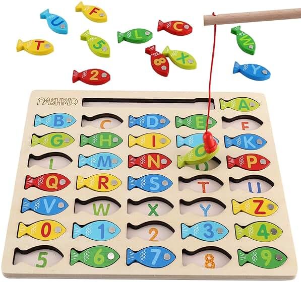 Magnetic Wooden Fishing Game Toy for Toddlers, Alphabet Fish Catching Counting Games Puzzle with Numbers and Letters, Preschool Learning ABC Math Educational Toys 3 4 5 Years Old Girl Boy Kids - Product Image