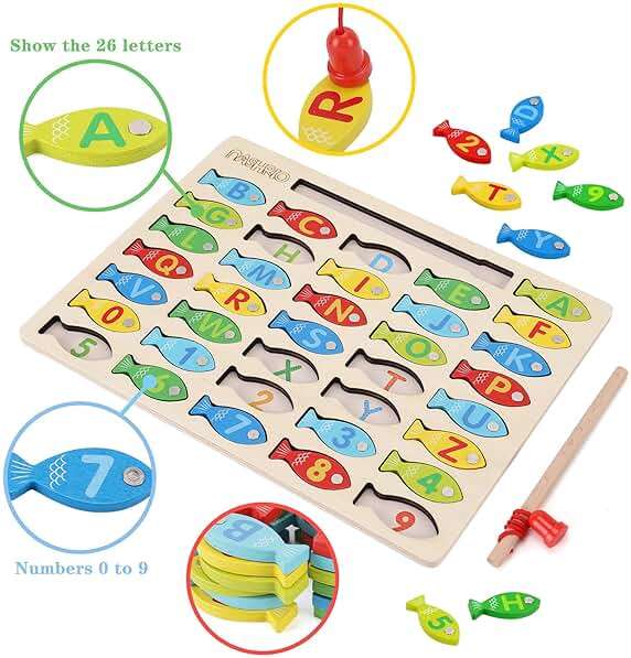 Magnetic Wooden Fishing Game Toy for Toddlers, Alphabet Fish Catching Counting Games Puzzle with Numbers and Letters, Preschool Learning ABC Math Educational Toys 3 4 5 Years Old Girl Boy Kids - Image 4