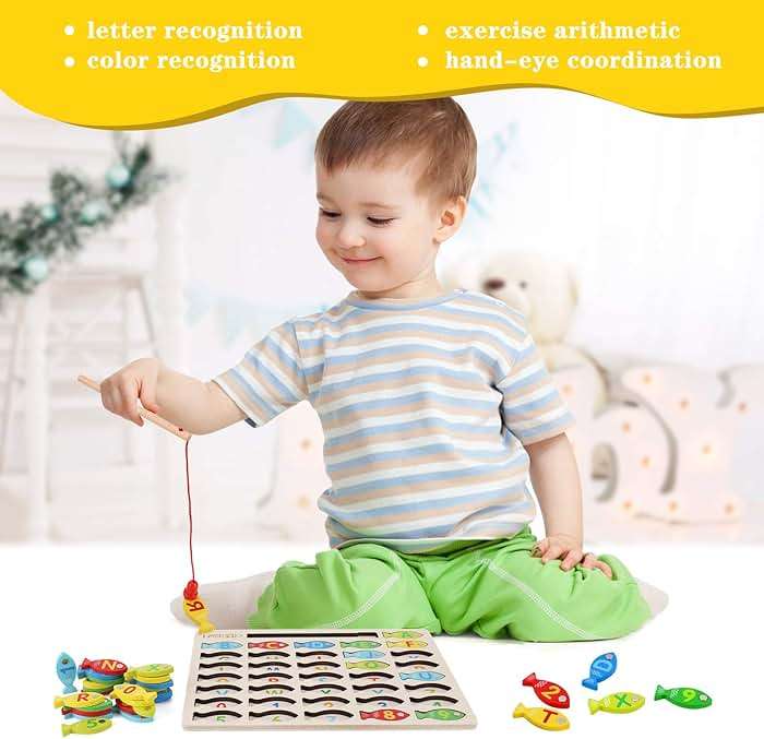 Magnetic Wooden Fishing Game Toy for Toddlers, Alphabet Fish Catching Counting Games Puzzle with Numbers and Letters, Preschool Learning ABC Math Educational Toys 3 4 5 Years Old Girl Boy Kids - Image 7
