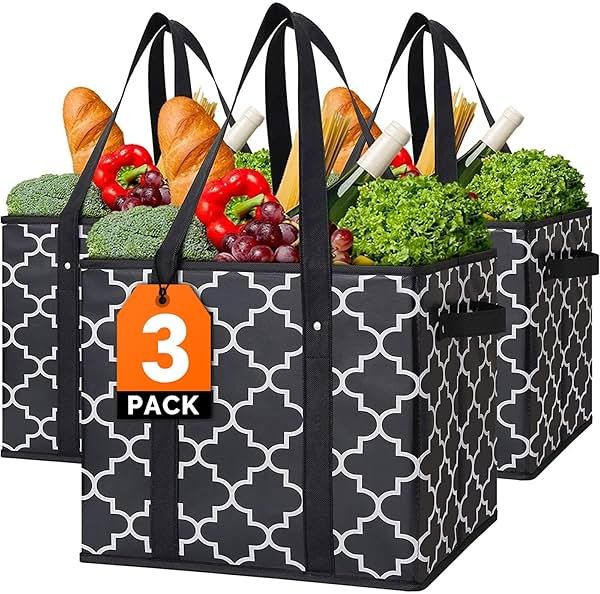 WISELIFE Reusable Grocery Bags 3-Pack Foldable Washable Large Storage Bins Basket Water Resistant Shopping Tote Bag Black - Product Image