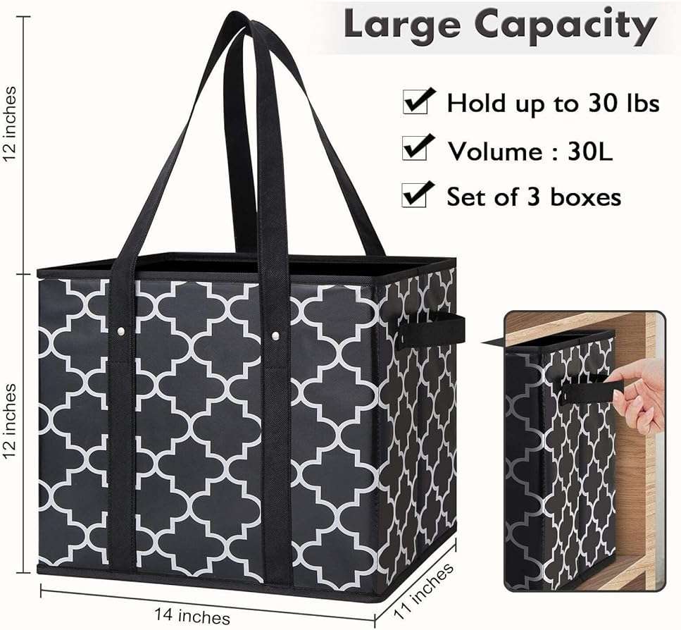 WISELIFE Reusable Grocery Bags 3-Pack Foldable Washable Large Storage Bins Basket Water Resistant Shopping Tote Bag Black - Image 2