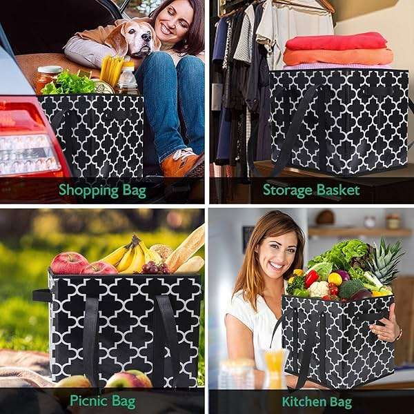 WISELIFE Reusable Grocery Bags 3-Pack Foldable Washable Large Storage Bins Basket Water Resistant Shopping Tote Bag Black - Image 3