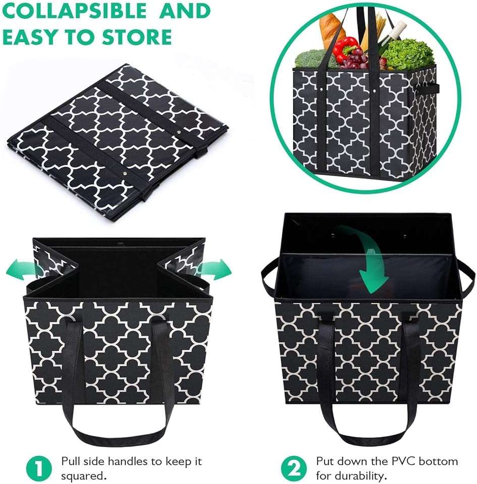 WISELIFE Reusable Grocery Bags 3-Pack Foldable Washable Large Storage Bins Basket Water Resistant Shopping Tote Bag Black - Image 5