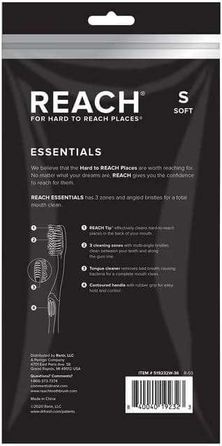 Reach Essentials Toothbrush with Toothbrush Caps, Multi-Zoned Angled Soft Bristles, Contoured Handle, Tongue Scraper, 6 Count - Image 2