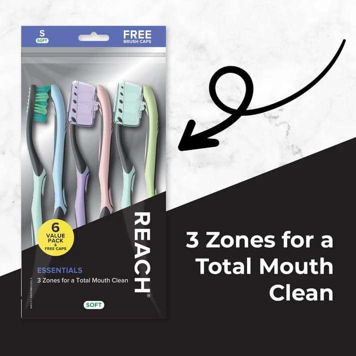 Reach Essentials Toothbrush with Toothbrush Caps, Multi-Zoned Angled Soft Bristles, Contoured Handle, Tongue Scraper, 6 Count - Image 3