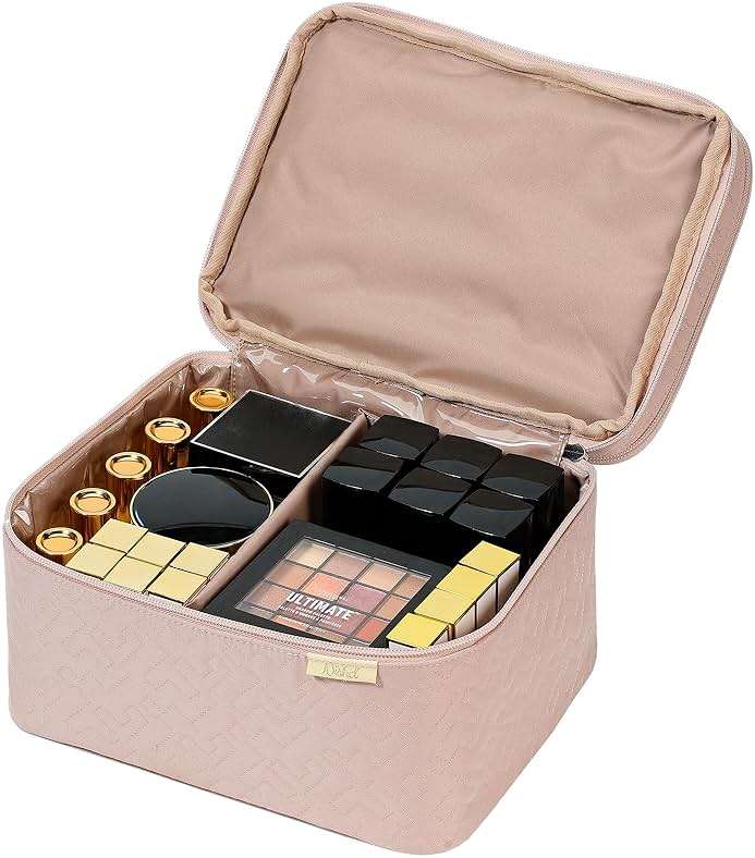 NISHEL Large Double Layer Travel Makeup Bag Women, Cosmetic Case, Organizer for Travel-Size Accessories Bottles, Brushes, Conditioner, and Skin Care Products, Pink - Image 3