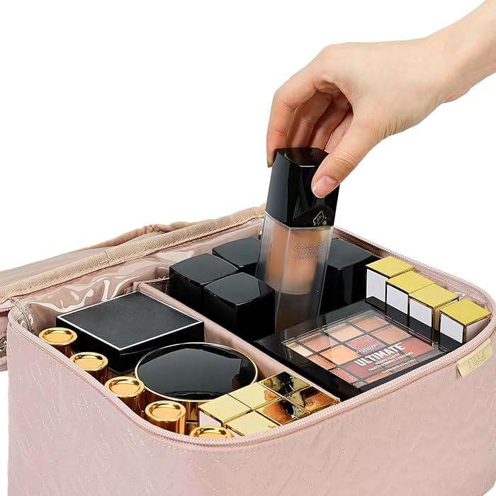 NISHEL Large Double Layer Travel Makeup Bag Women, Cosmetic Case, Organizer for Travel-Size Accessories Bottles, Brushes, Conditioner, and Skin Care Products, Pink - Image 5
