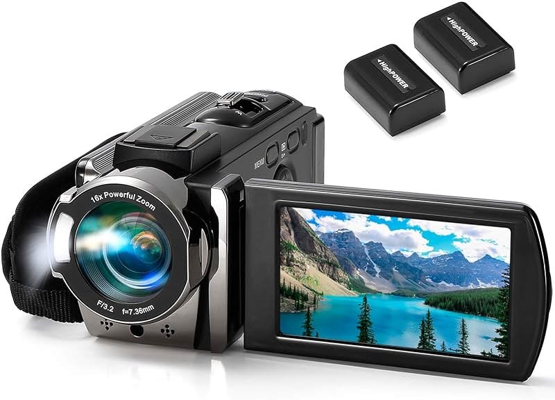 kimire Video Camera Camcorder Digital Camera Recorder Full HD 1080P 15FPS 24MP 3.0 Inch 270 Degree Rotation LCD 16X Digital Zoom Camcorder Camera with 2 Batteries(Black) - Product Image