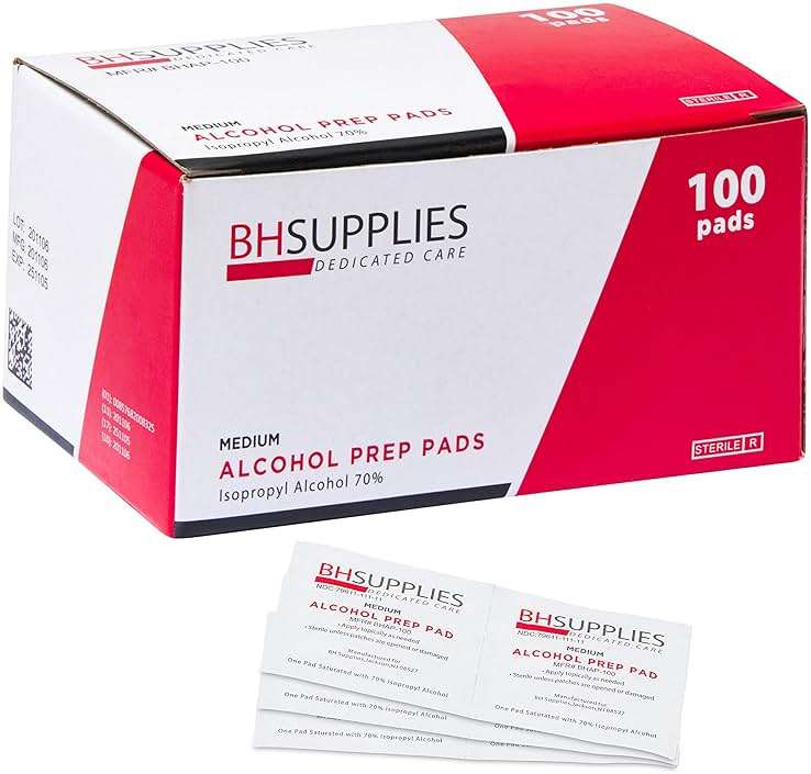 BH Supplies Alcohol Prep Pads | Medical Grade, Sterile, Individually Wrapped, 70% Isopropyl Alcohol, Medium 2-Ply, 100-Pack - Image 1