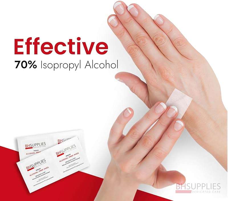 BH Supplies Alcohol Prep Pads | Medical Grade, Sterile, Individually Wrapped, 70% Isopropyl Alcohol, Medium 2-Ply, 100-Pack - Image 3