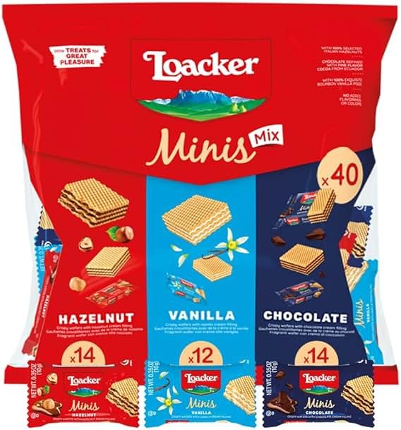 Loacker Minis Wafer Variety Pack - 30% Less Sugar - Premium Cream Filled Wafer Cookies - Mix of Hazelnut, Chocolate and Vanilla - NON-GMO - Sustainably Sourced - 40 Individually Wrapped Snack Packs - Product Image