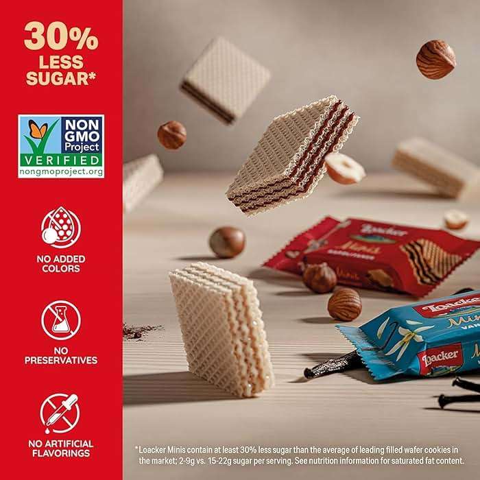 Loacker Minis Wafer Variety Pack - 30% Less Sugar - Premium Cream Filled Wafer Cookies - Mix of Hazelnut, Chocolate and Vanilla - NON-GMO - Sustainably Sourced - 40 Individually Wrapped Snack Packs - Image 4