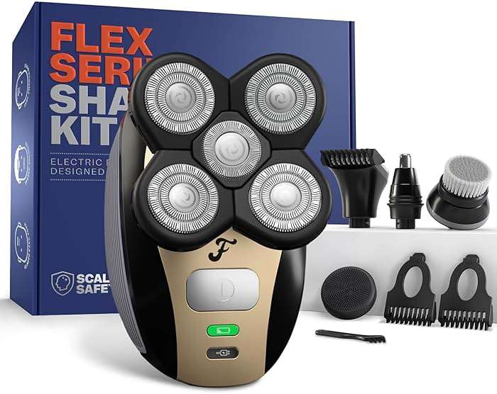 Freebird FlexSeries Electric Head & Body Hair Shaver - Mens Cordless Rechargeable Wet/Dry Skull Bald Head Back & Groin Waterproof Razor with Rotary Blades, Clippers, Nose Trimmer, Brush, Massager - Image 1