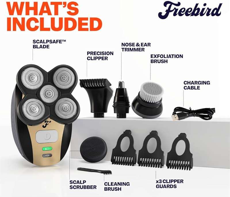 Freebird FlexSeries Electric Head & Body Hair Shaver - Mens Cordless Rechargeable Wet/Dry Skull Bald Head Back & Groin Waterproof Razor with Rotary Blades, Clippers, Nose Trimmer, Brush, Massager - Image 3