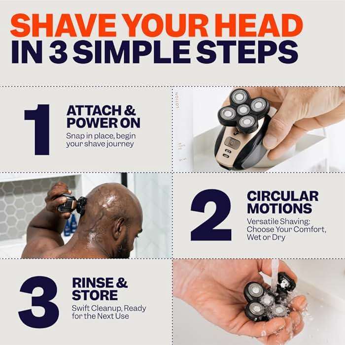Freebird FlexSeries Electric Head & Body Hair Shaver - Mens Cordless Rechargeable Wet/Dry Skull Bald Head Back & Groin Waterproof Razor with Rotary Blades, Clippers, Nose Trimmer, Brush, Massager - Image 6