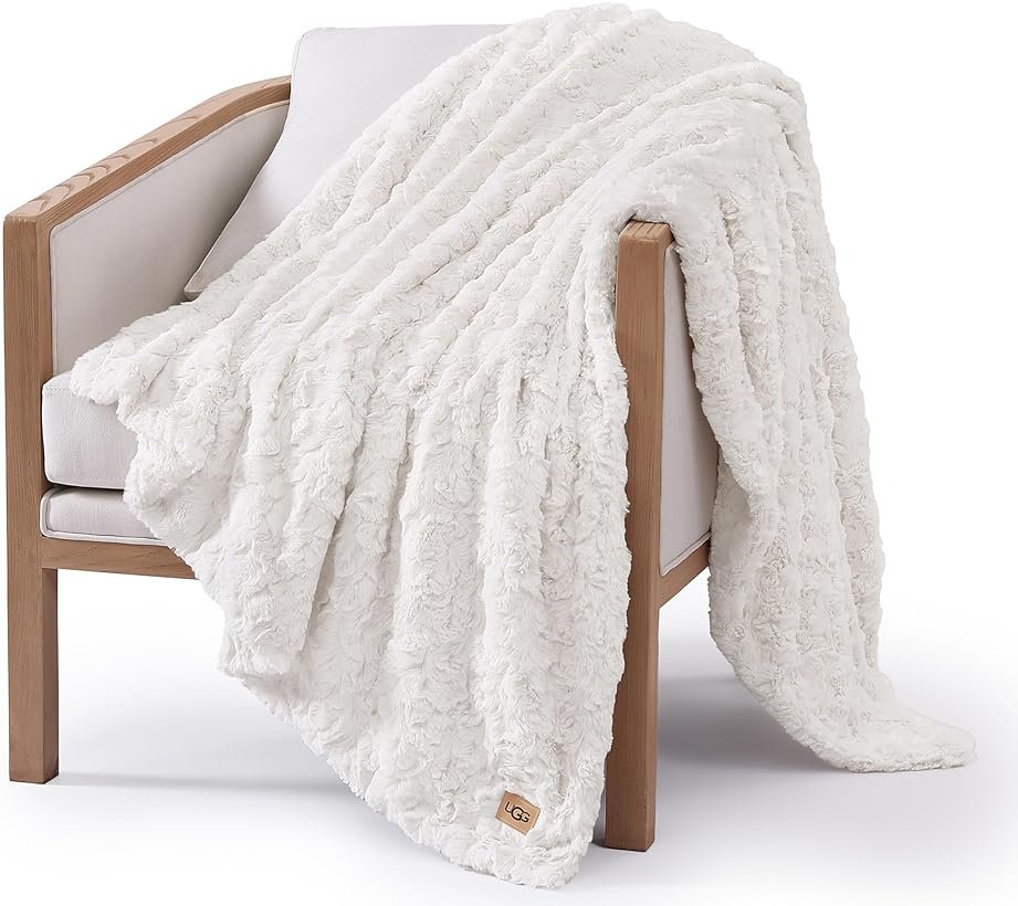 UGG Adalee Faux Fur Throw Blanket for Couch, Cozy Soft Blanket for Bed or Chair, Giftable Fluffy Throw, Machine Washable, Luxury Spring Home Decor, 50-inch x 70-inch, Natural White - Product Image