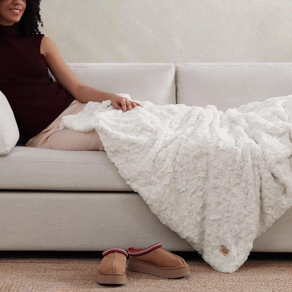 UGG Adalee Faux Fur Throw Blanket for Couch, Cozy Soft Blanket for Bed or Chair, Giftable Fluffy Throw, Machine Washable, Luxury Spring Home Decor, 50-inch x 70-inch, Natural White - Image 2