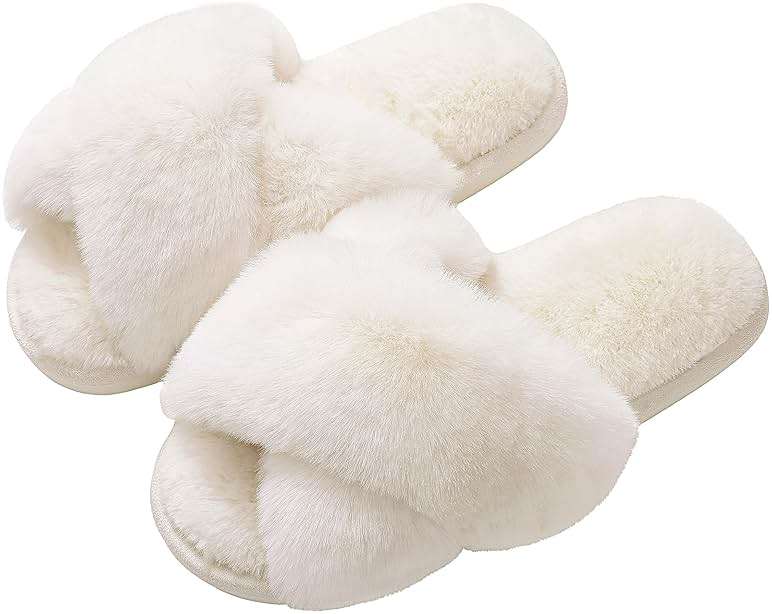 Evshine Women's Fuzzy Slippers Cross Band Memory Foam House Slippers Open Toe - Image 1
