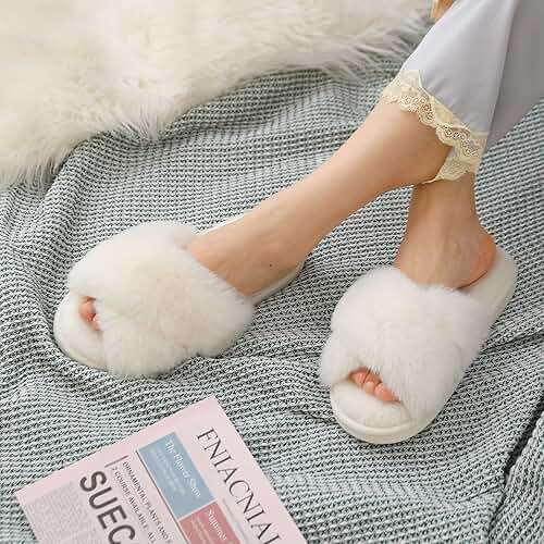 Evshine Women's Fuzzy Slippers Cross Band Memory Foam House Slippers Open Toe - Image 7