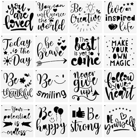 Zonon 16 Pcs Inspirational Word Stencil 7.87 Inch Motivational Quote Reusable Polyester Film Template Stencils with Open Ring for Back to School Students Crafts Painting on Wood, Drawing Wall - Product Image