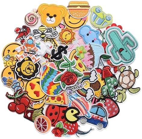 Harsgs 60pcs Random Assorted Styles Embroidered Patches, Bright Vivid Colors, Sew On/Iron On Patch Applique for Clothes, Dress, Hat, Jeans, DIY Accessories - Product Image