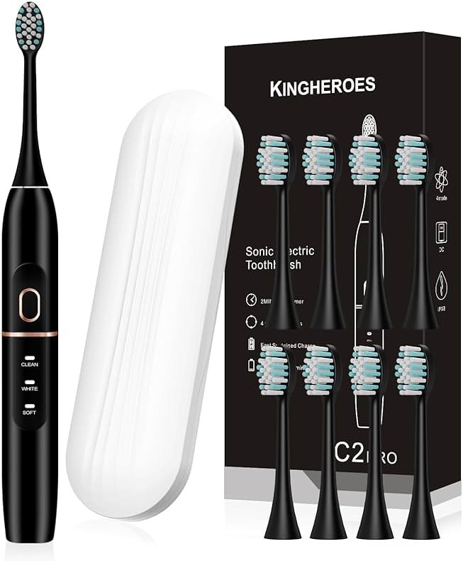kingheroes Electric Toothbrush Set, Comes with 8 Brush Heads & Travel Case,4 Modes with 2 Minutes Built in Smart Timer, One Charge for 60 Days, 42000 VPM Motor (Black) - Product Image