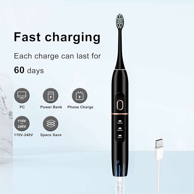 kingheroes Electric Toothbrush Set, Comes with 8 Brush Heads & Travel Case,4 Modes with 2 Minutes Built in Smart Timer, One Charge for 60 Days, 42000 VPM Motor (Black) - Image 6