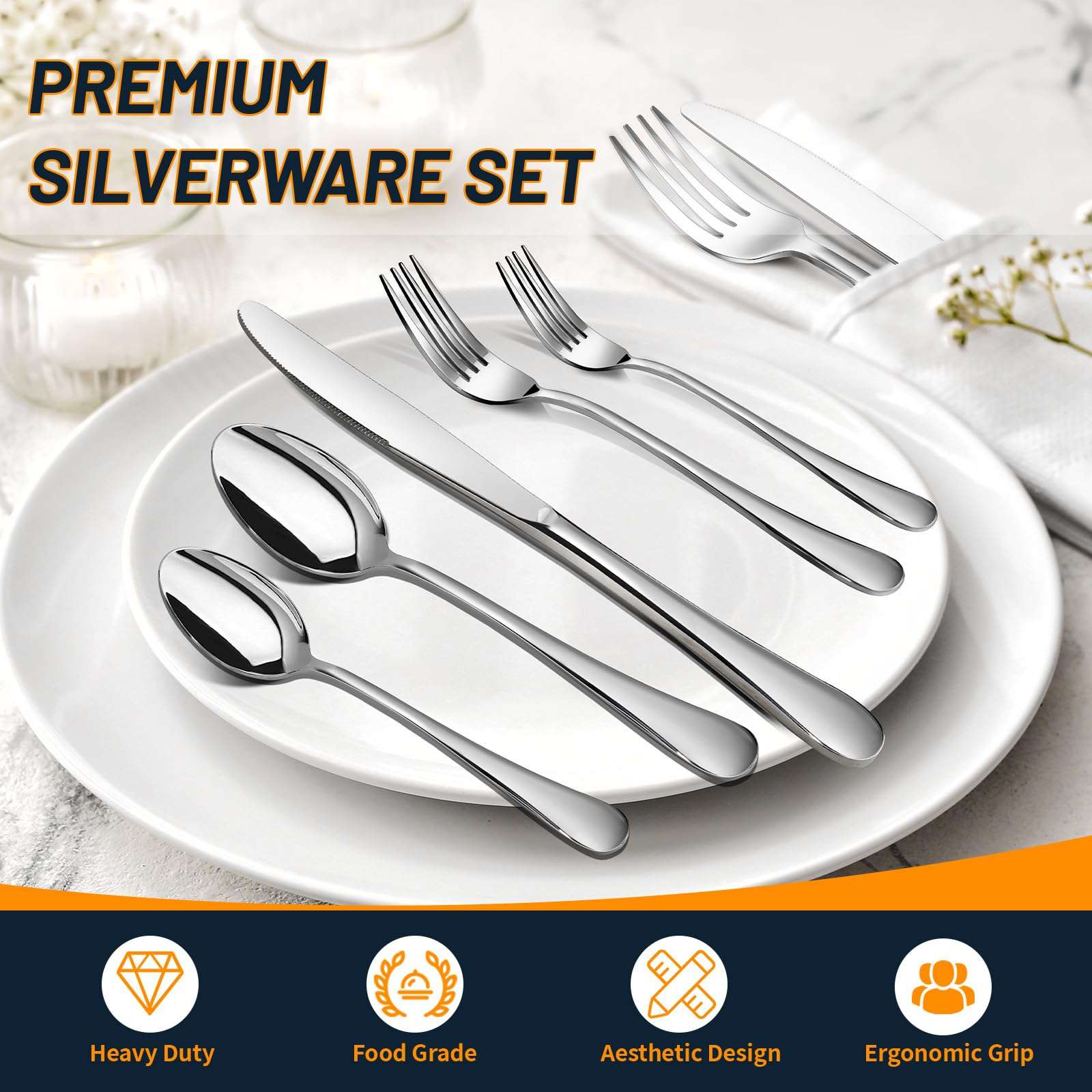 NICE KITCHEN Silverware Set, 40 Piece Stainless Steel Cutlery Sets for 8, Heavy Duty Flatware, Mirror Polished Forks Spoons and Knives Set, Reusable Utensils for Home Kitchen, Dishwasher Safe - Image 6
