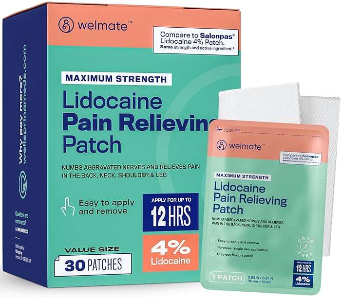 WELMATE - 4% Lidocaine Numbing Patch - Maximum Strength - Temporary Relief of Pain, Back, Neck, Shoulders, Knees, Elbows, Minor Skin Irritations - Topical Analgesic Unscented - 30 ct - Image 1