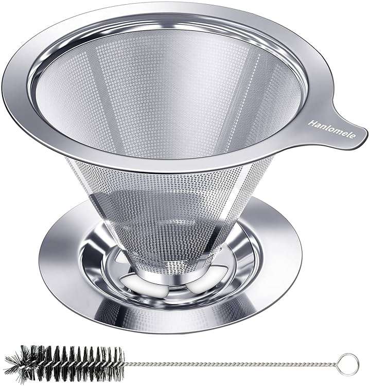 Hanlomele Pour Over Coffee Dripper, Paperless Reusable Coffee Filter, Pour Over Coffee Maker for Single Cup Brew, Double Mesh Design of Stainless Steel Cone Filter for Perfect Extraction (1-2 Cup) - Image 1