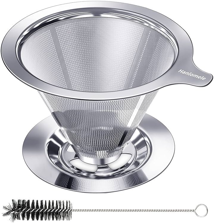 Hanlomele Pour Over Coffee Dripper, Paperless Reusable Coffee Filter, Pour Over Coffee Maker for Single Cup Brew, Double Mesh Design of Stainless Steel Cone Filter for Perfect Extraction (1-2 Cup) - Product Image