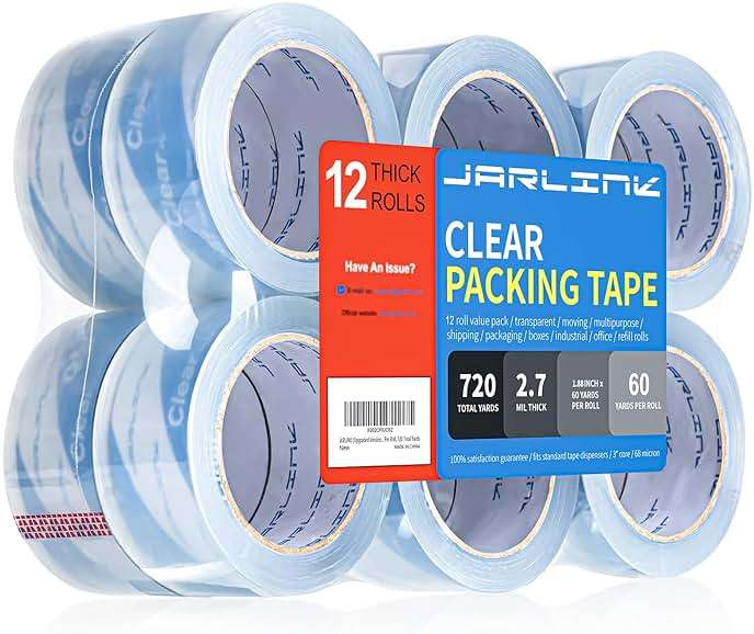 JARLINK Clearer Packing Tape 12 Rolls, Heavy Duty Packaging Tape for Shipping Packaging Moving Sealing, 2.7mil Thick, 1.88 inches Wide, 60 Yards Per Roll, 720 Total Yards - Image 1