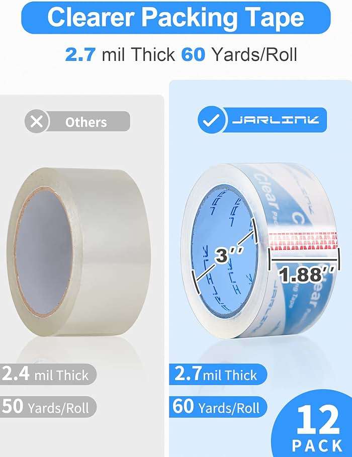 JARLINK Clearer Packing Tape 12 Rolls, Heavy Duty Packaging Tape for Shipping Packaging Moving Sealing, 2.7mil Thick, 1.88 inches Wide, 60 Yards Per Roll, 720 Total Yards - Image 3