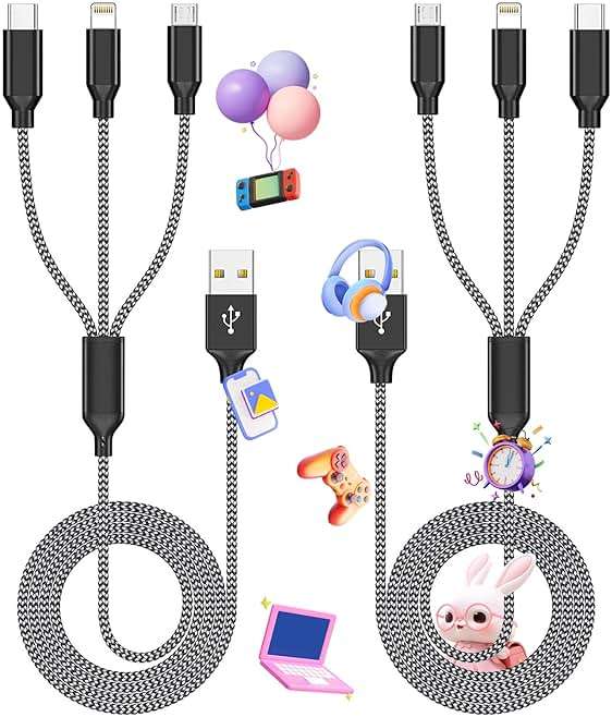 Firsting Multi Charging Cable,(2Pack 4FT) 3 in 1 Charging Cable for Multiple Devices, Nylon Braided Universal Charger Phone Charger Cord with Type-C,Micro USB,IP Port for iPhone16/15 Series/Phone&Pad - Image 1