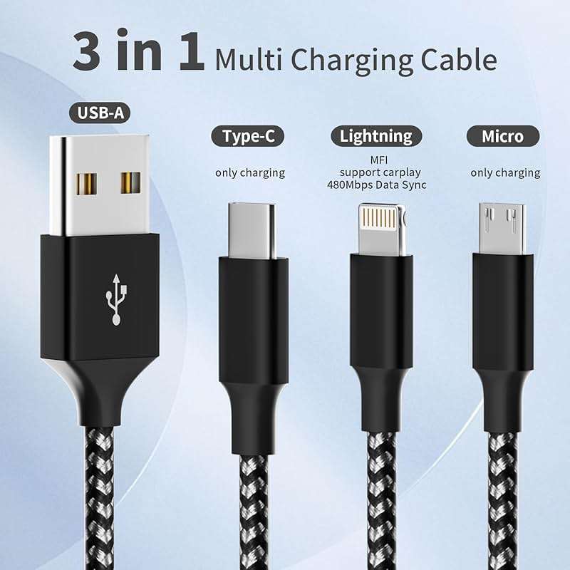 Firsting Multi Charging Cable,(2Pack 4FT) 3 in 1 Charging Cable for Multiple Devices, Nylon Braided Universal Charger Phone Charger Cord with Type-C,Micro USB,IP Port for iPhone16/15 Series/Phone&Pad - Image 2