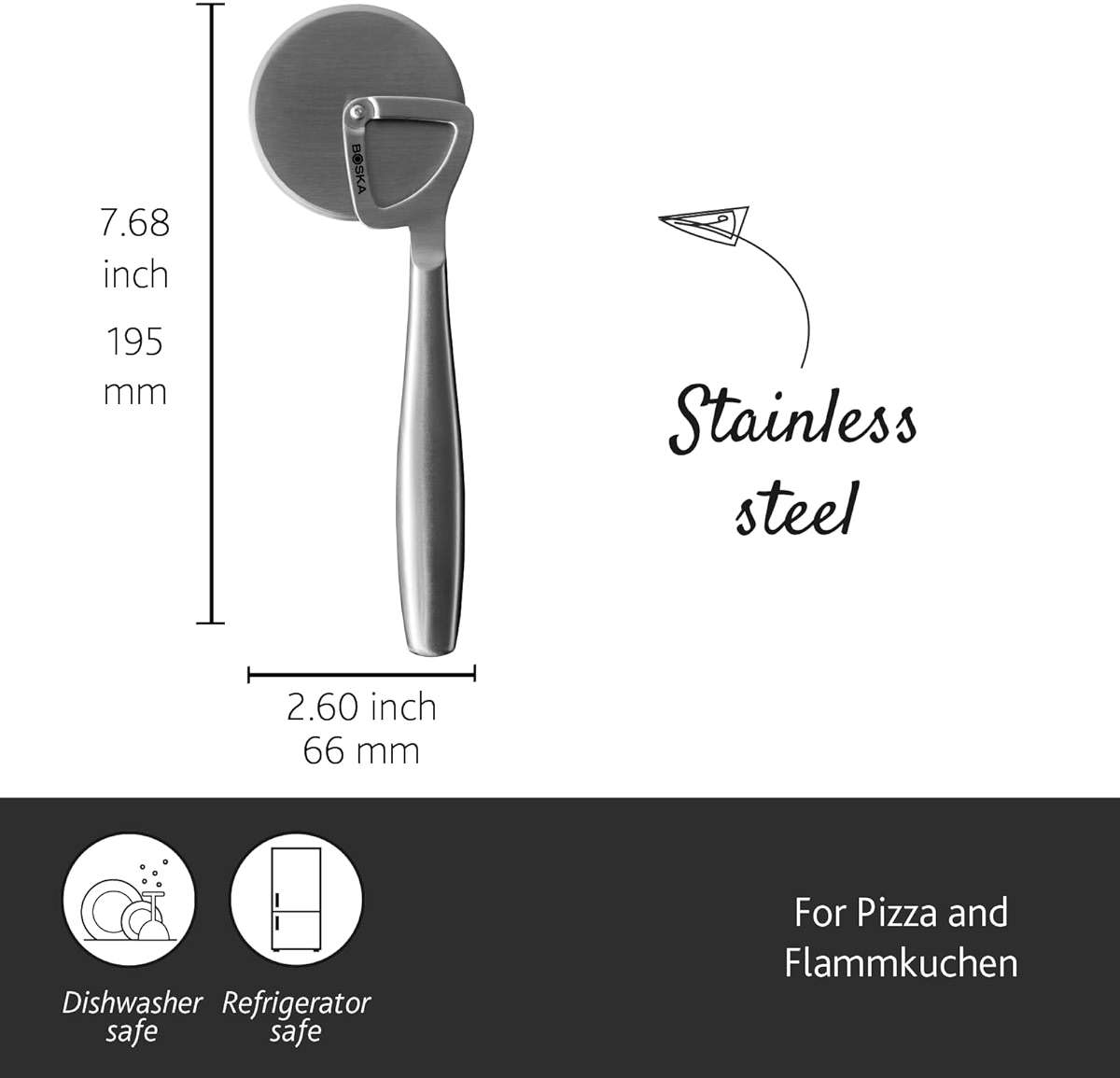 Boska Stainless Steel Pizza Cutter - Copenhagen Multifunctional Pizza Wheel Cutter - Handheld Food Slicer - Silver Non-Stick Adjustable Roller - Dishwasher Safe - for Kitchen Cooking - Image 3