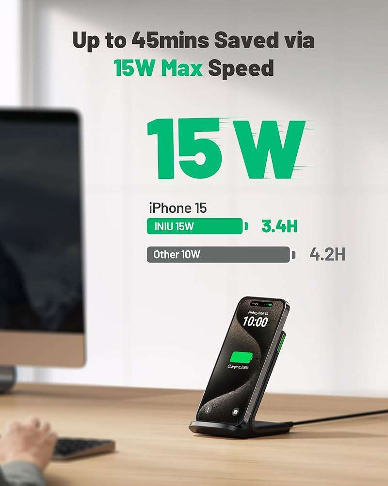 INIU Wireless Charger, 15W Fast Qi Certified Wireless Charging Station with Sleep-Friendly Adaptive Light Compatible with iPhone 17 16 15 14 13 12 Pro Max Samsung Galaxy S25 S24 S23 Note 20 Google etc - Image 3