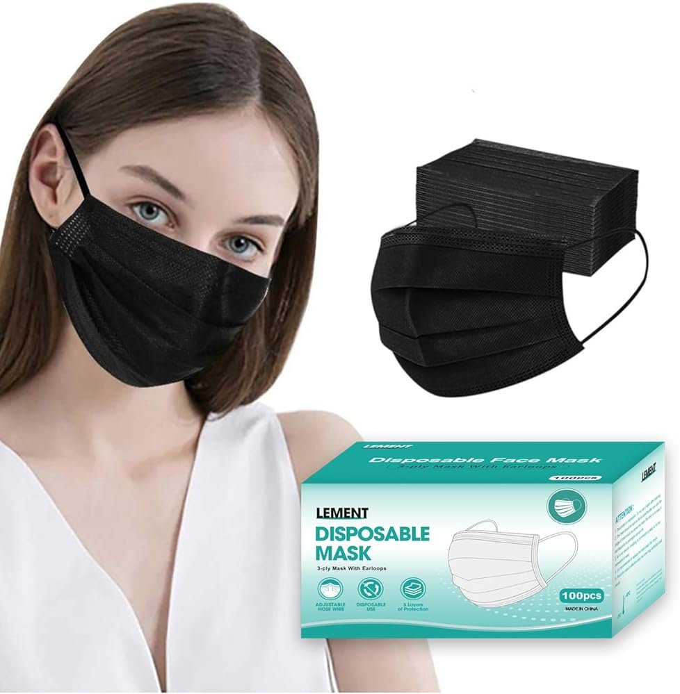 LEMENT 100 Pcs Disposable Face Masks, 3 Ply Face Masks Black Disposable Mask, (Disposable face mask) - Product Image