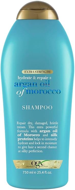 OGX Extra Strength Hydrate & Repair + Argan Oil of Morocco Shampoo for Dry, Damaged Hair, Cold-Pressed Argan Oil to Moisturize & Smooth, Paraben-Free, Sulfate-Free Surfactants, 25.4 Fl Oz - Product Image