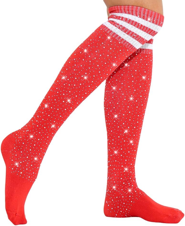 ANNTXL Woman's Rhinestone Over Knee High Socks Stripe Knit Stockings Leg Warmers for Christmas Valentines day Events - Product Image