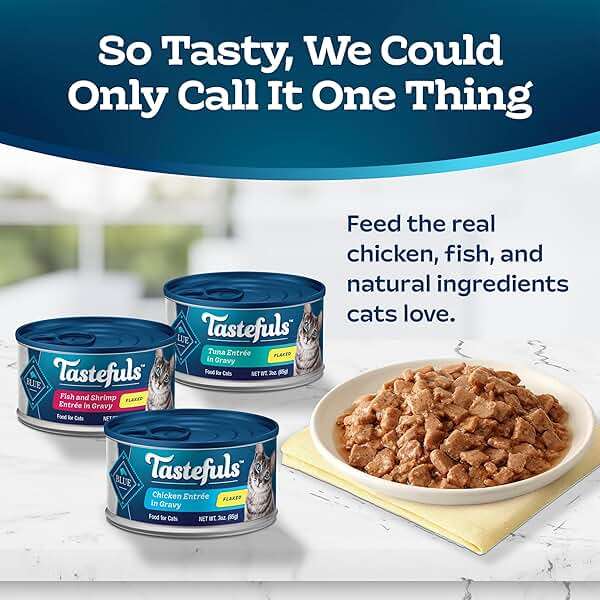 Blue Buffalo Tastefuls Flaked Adult Wet Cat Food Variety Pack (Tuna, Chicken, Fish & Shrimp), Natural Ingredients Enhanced with Vitamins, Minerals & Other Nutrients, 3-oz. Each (12 Cans) - Image 3