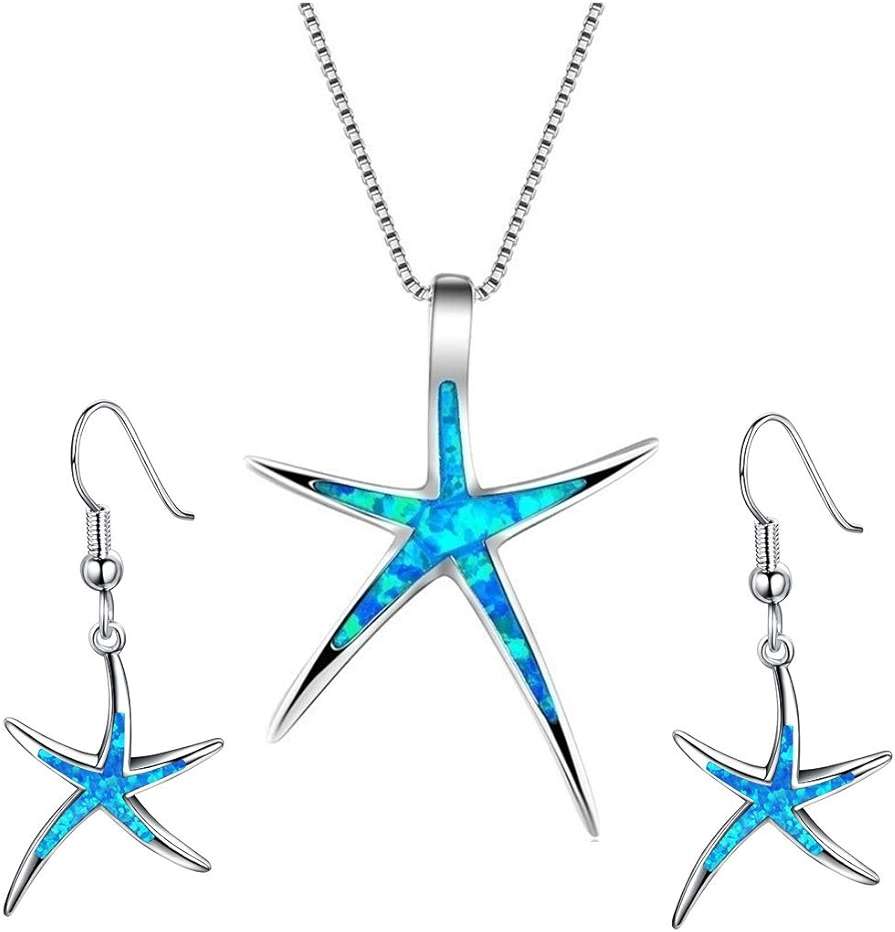 Yocoyee Starfish Turtle Necklace Earrings Jewelry Set with Blue Purple Opal Ocean Sea Animal Beach Jewelry for Women - Image 1