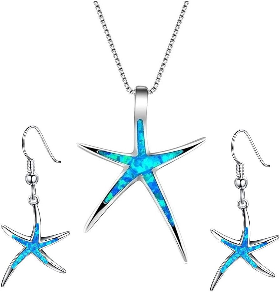 Yocoyee Starfish Turtle Necklace Earrings Jewelry Set with Blue Purple Opal Ocean Sea Animal Beach Jewelry for Women - Product Image