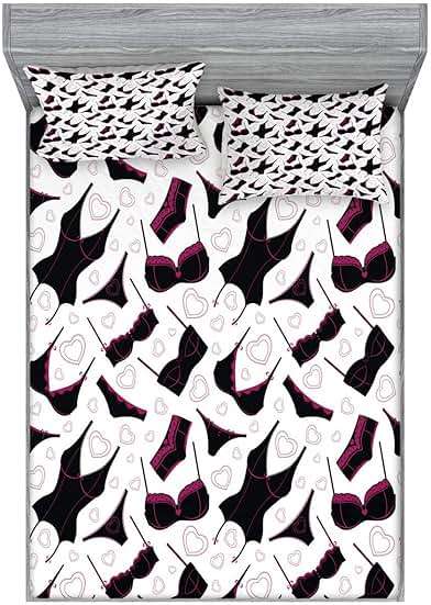 Ambesonne Retro Fitted Sheet & Pillow Sham Set, Lingerie Pattern Brassiere and Panties with Hearts Women`s Fashion Underwear, Decorative Printed 3 Piece Bedding Decor Set, Full, Black Fuchsia White - Image 1
