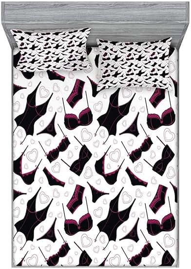 Ambesonne Retro Fitted Sheet & Pillow Sham Set, Lingerie Pattern Brassiere and Panties with Hearts Women`s Fashion Underwear, Decorative Printed 3 Piece Bedding Decor Set, Full, Black Fuchsia White - Product Image