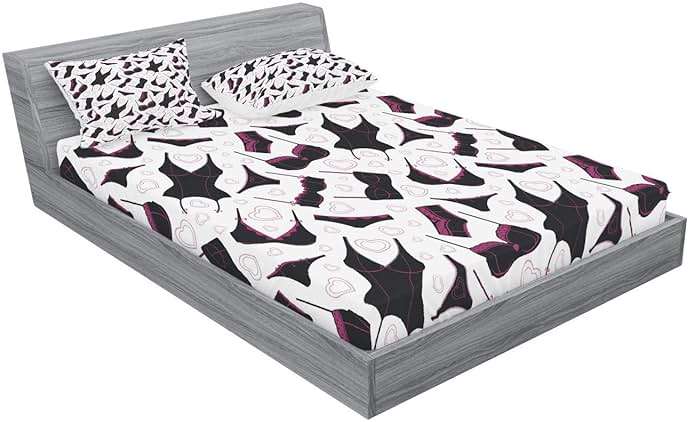 Ambesonne Retro Fitted Sheet & Pillow Sham Set, Lingerie Pattern Brassiere and Panties with Hearts Women`s Fashion Underwear, Decorative Printed 3 Piece Bedding Decor Set, Full, Black Fuchsia White - Image 2