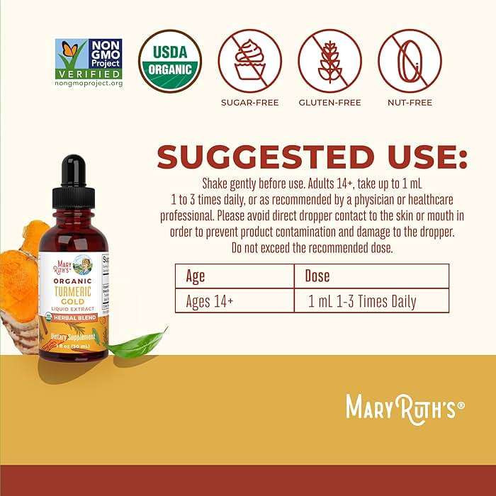 MARYRUTH'S Organics USDA Turmeric Gold Liquid Drops | Herbal Blend | Turmeric Curcumin | Black Pepper | Cassia Cinnamon Bark | Ginger Root | Immune Support | Non-GMO Project Verified | Vegan | 1oz - Image 6
