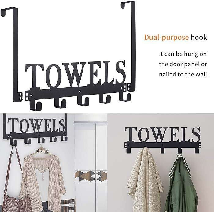 Kuhome Over The Door Hooks, Towel Holder for Bathroom, Door Mount Towel Rack Towel Hooks for Bedroom Beach Towels Bathrobe Wall Mount Hang on The Door Cabinet Cupboard Metal Sandblasted (Black) - Image 4