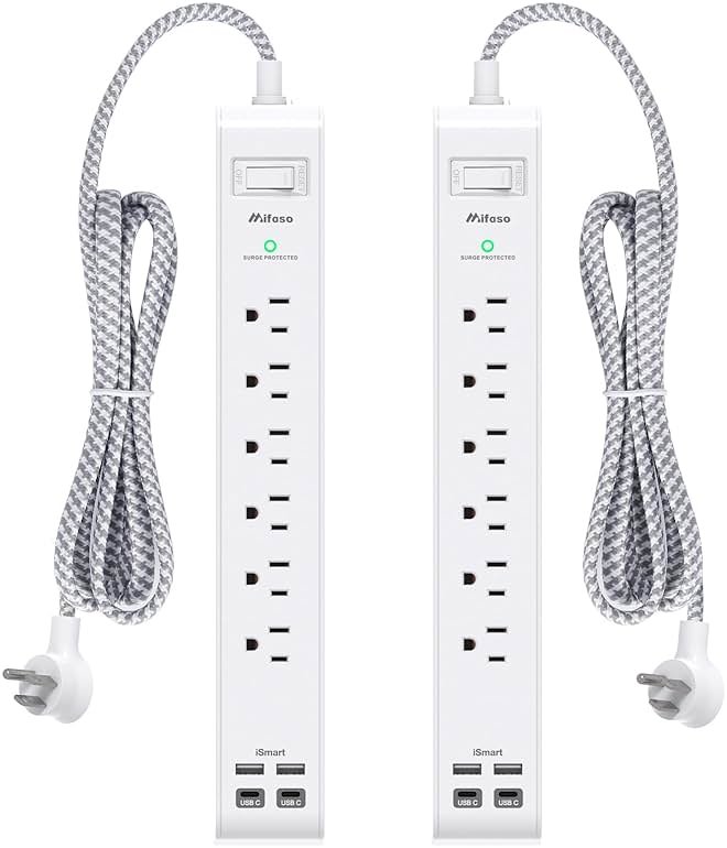2 Pack Power Strip, 12FT Long Extension Cord, Surge Protector with 6 Outlets and 4 USB Ports (2 USB C), Flat Plug Overload Protection, Extension Cord 10+ ft, Wall Mount for Home Office Dorm College - Product Image